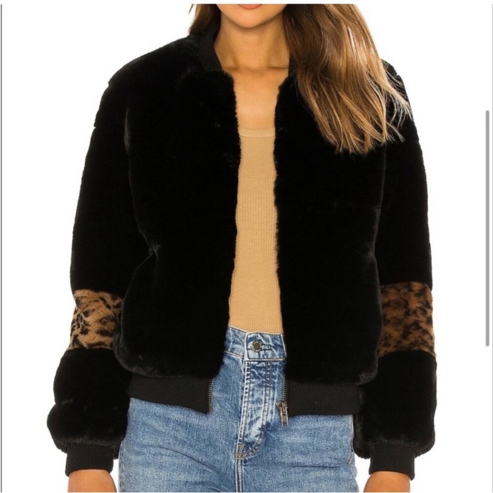 APPARIS Faux Fur Bomber Jacket in Black & Plush Leopard Size SMALL